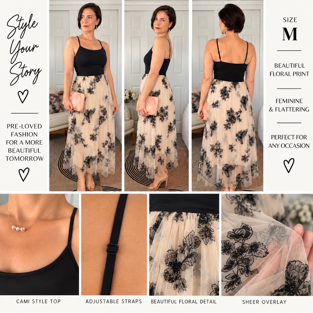 Nude Tulle Midi Skirt with Black Floral Embroidery
